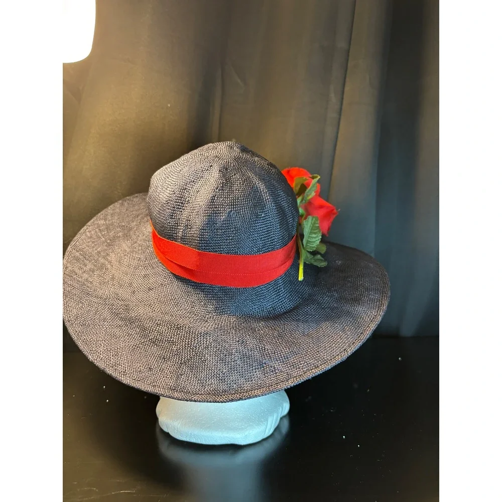 Career Collection Navy Blue Wide Brim Sun Hat Red Rose Accent Straw Style Hat